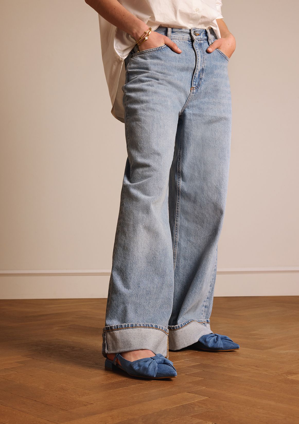 Denim slingbacks met strik