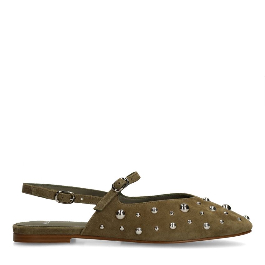 Grüne Veloursleder-Slingbacks mit silberfarbenen Nieten