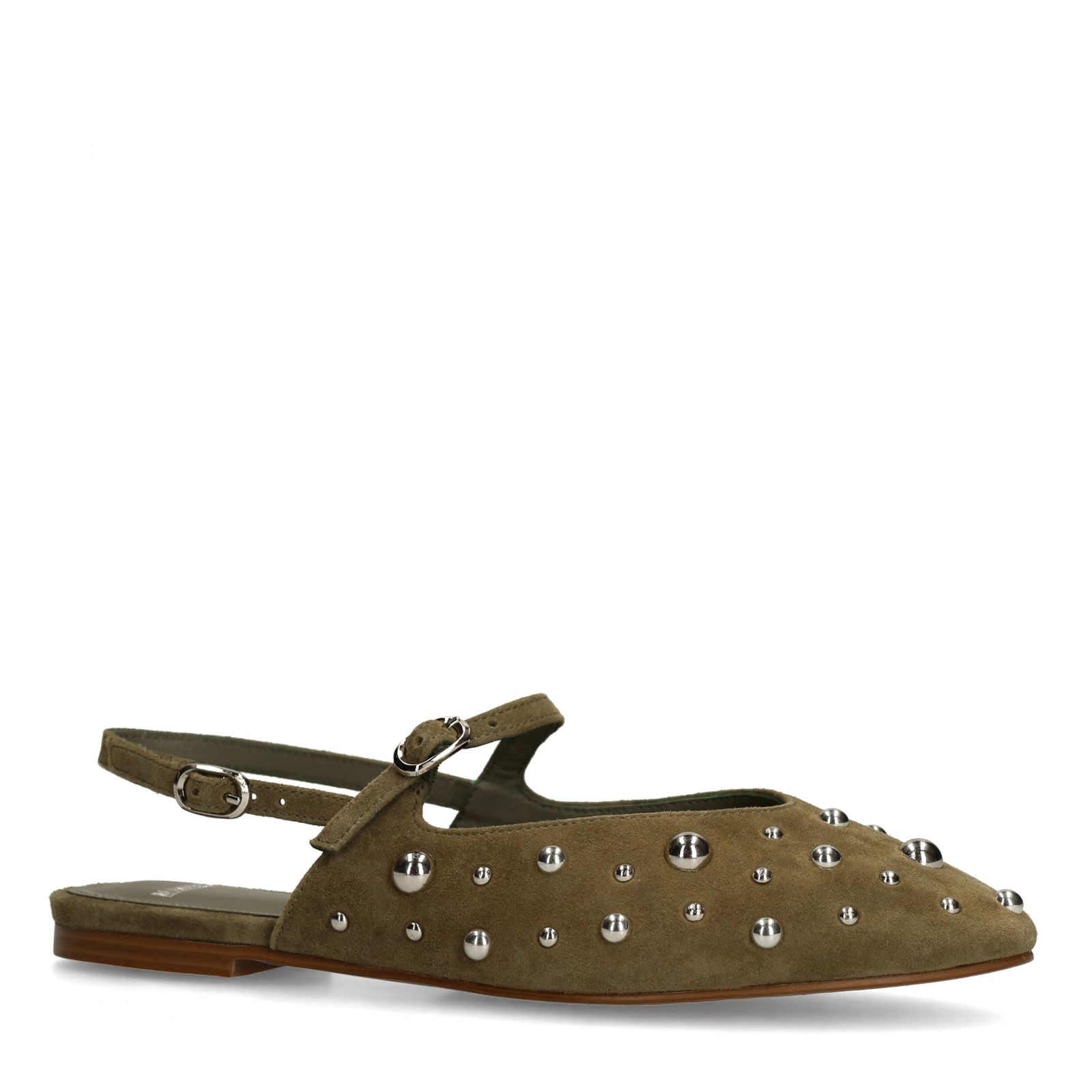 Grüne Veloursleder-Slingbacks mit silberfarbenen Nieten