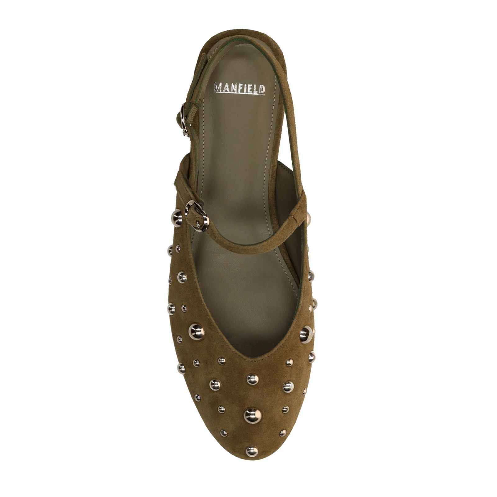 Grüne Veloursleder-Slingbacks mit silberfarbenen Nieten