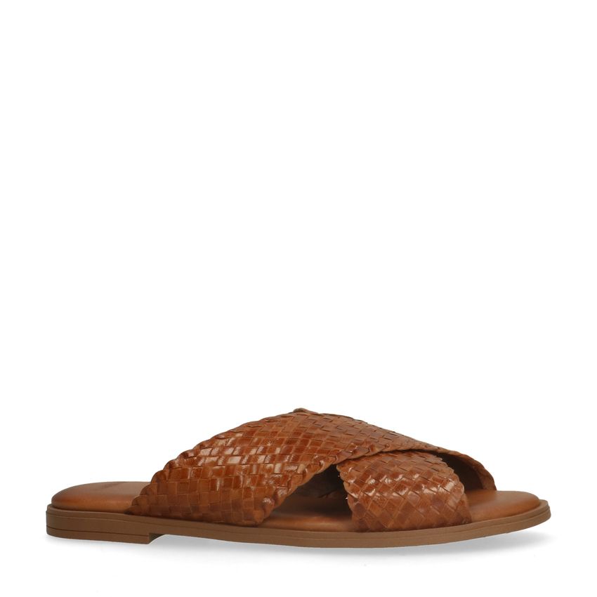 Cognac leren gevlochten slippers