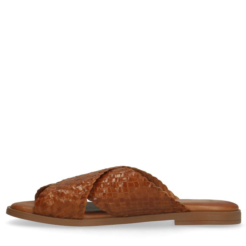 Cognac leren gevlochten slippers