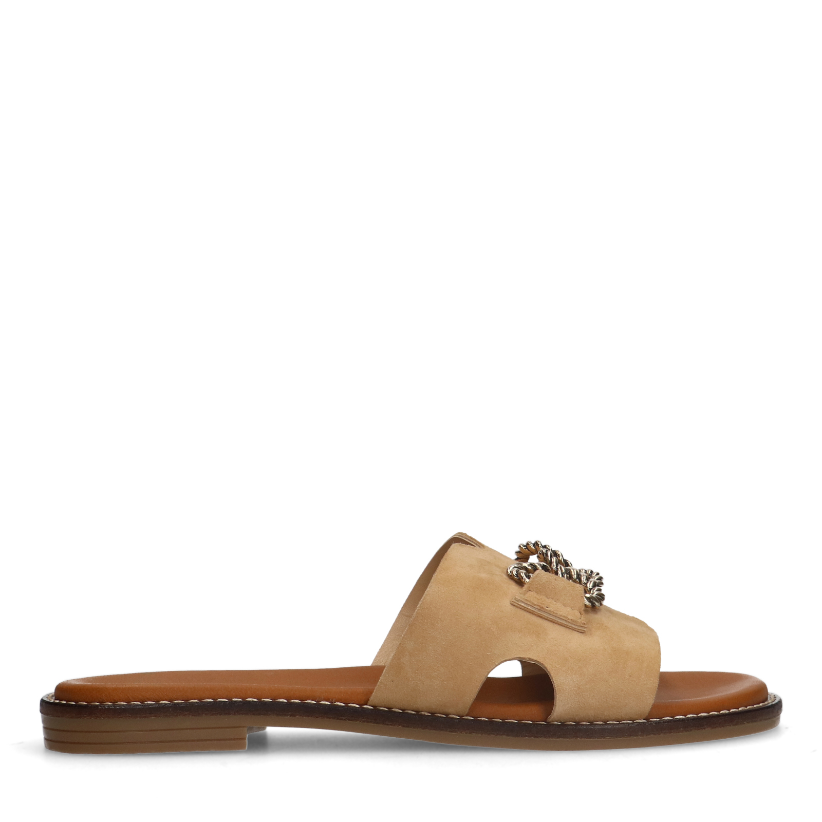 Cognacfarbene Veloursleder-Sandalen mit Ketten-Detail 