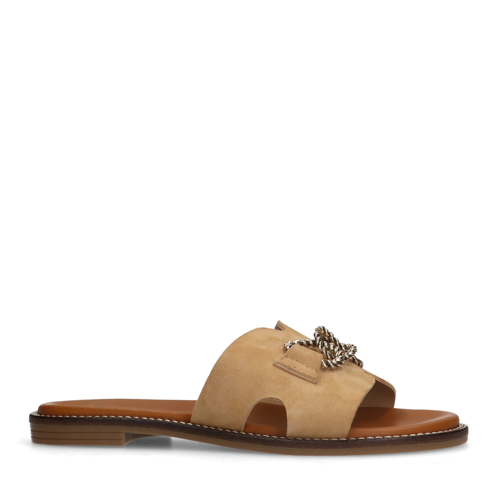 Cognacfarbene Veloursleder-Sandalen mit Ketten-Detail 