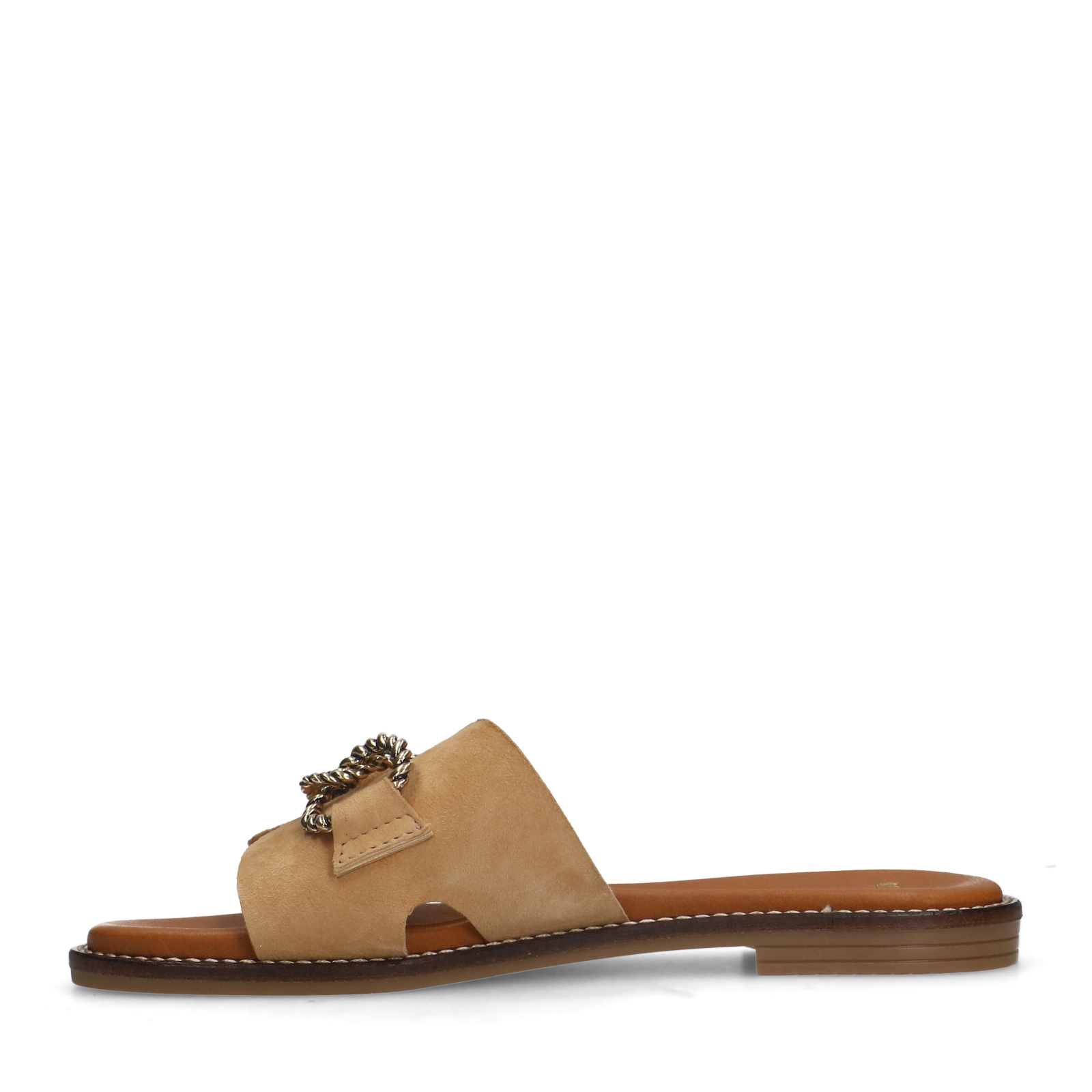 Cognacfarbene Veloursleder-Sandalen mit Ketten-Detail