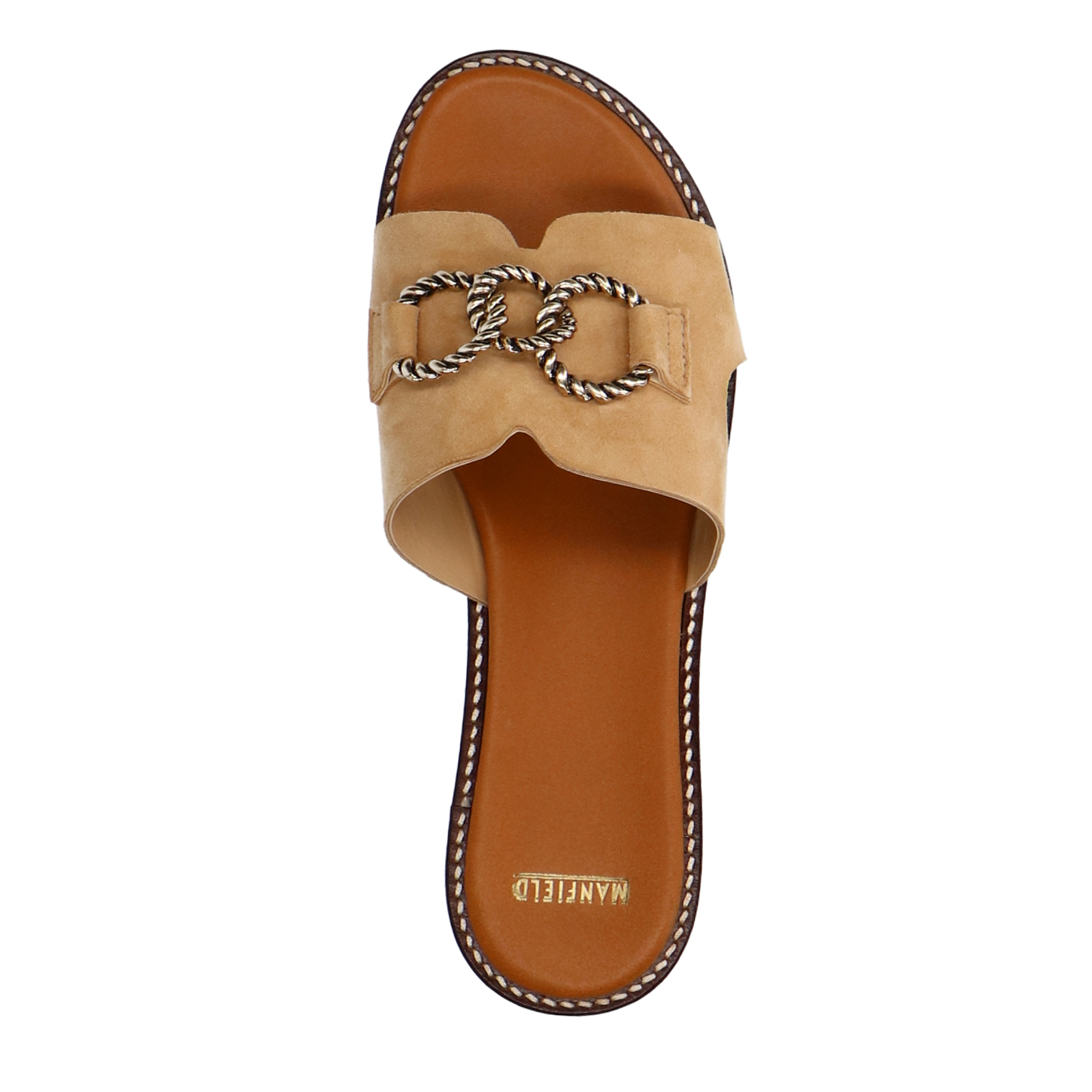 Cognacfarbene Veloursleder-Sandalen mit Ketten-Detail 