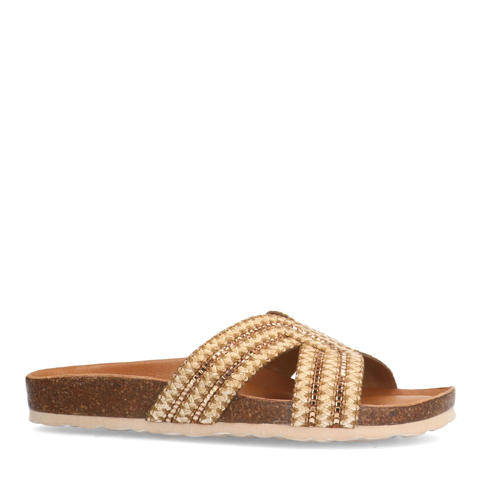 Beige raffia slippers met glittersteentjes