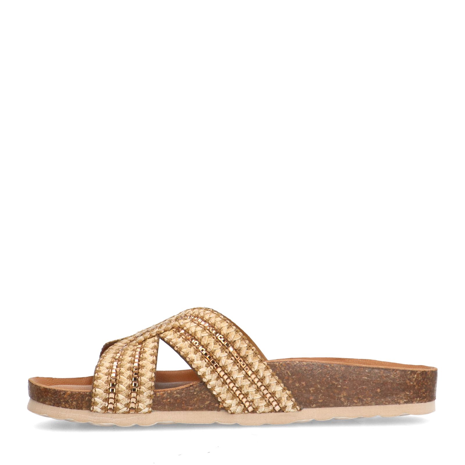 Beige raffia slippers met glittersteentjes