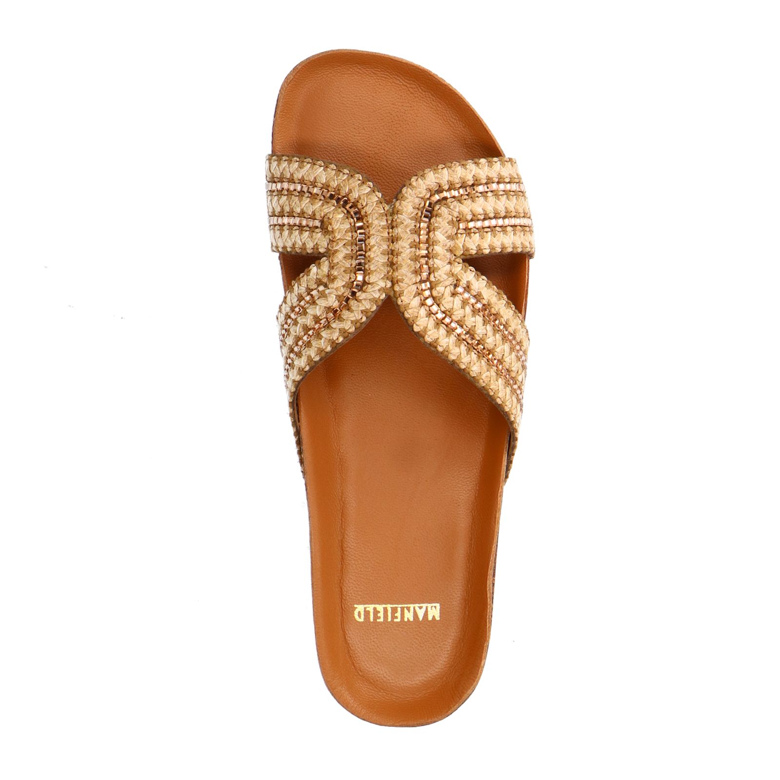 Beige raffia slippers met glittersteentjes