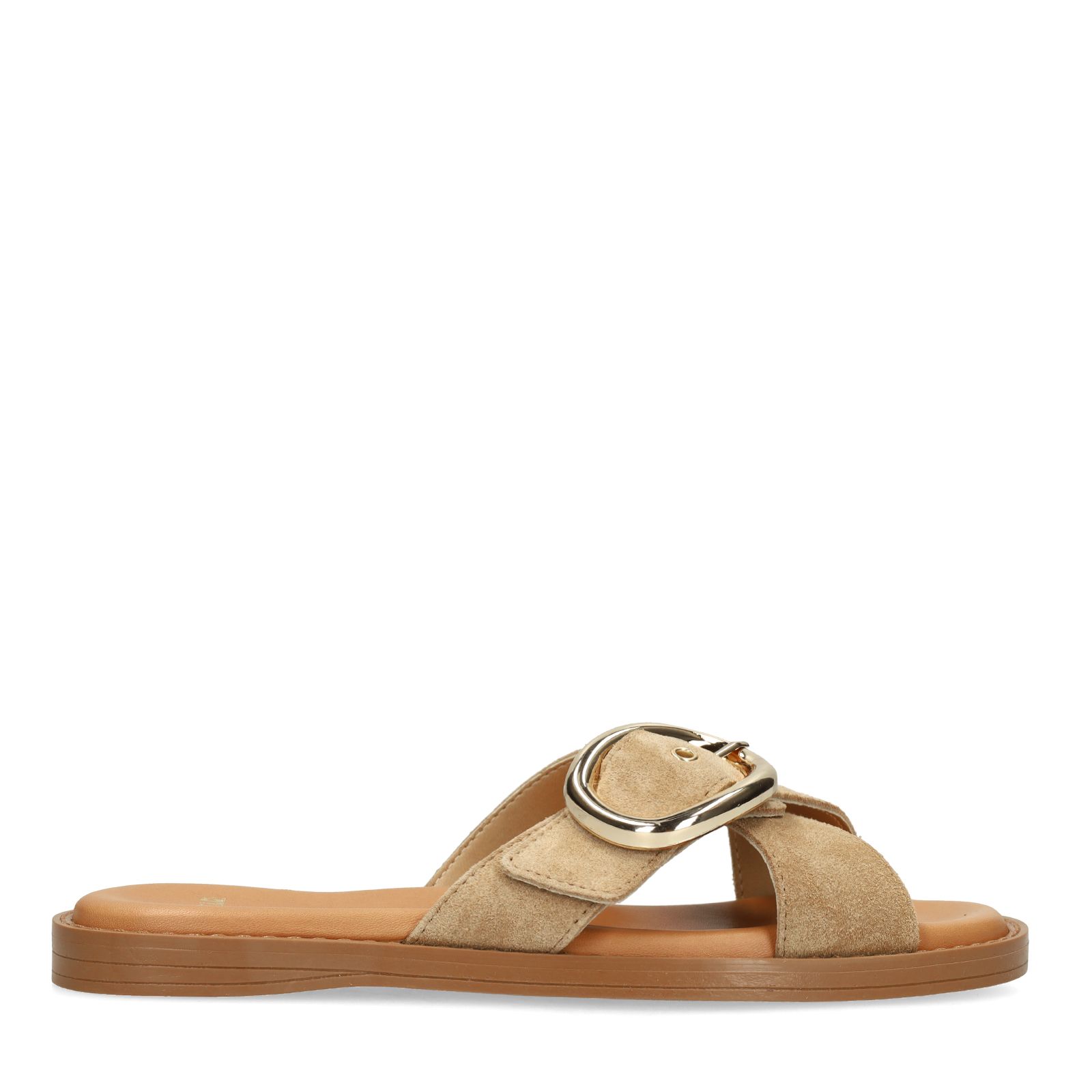 Beigefarbene Veloursleder-Sandalen mit Schnalle