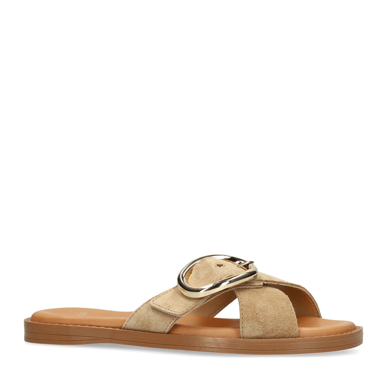 Beigefarbene Veloursleder-Sandalen mit Schnalle