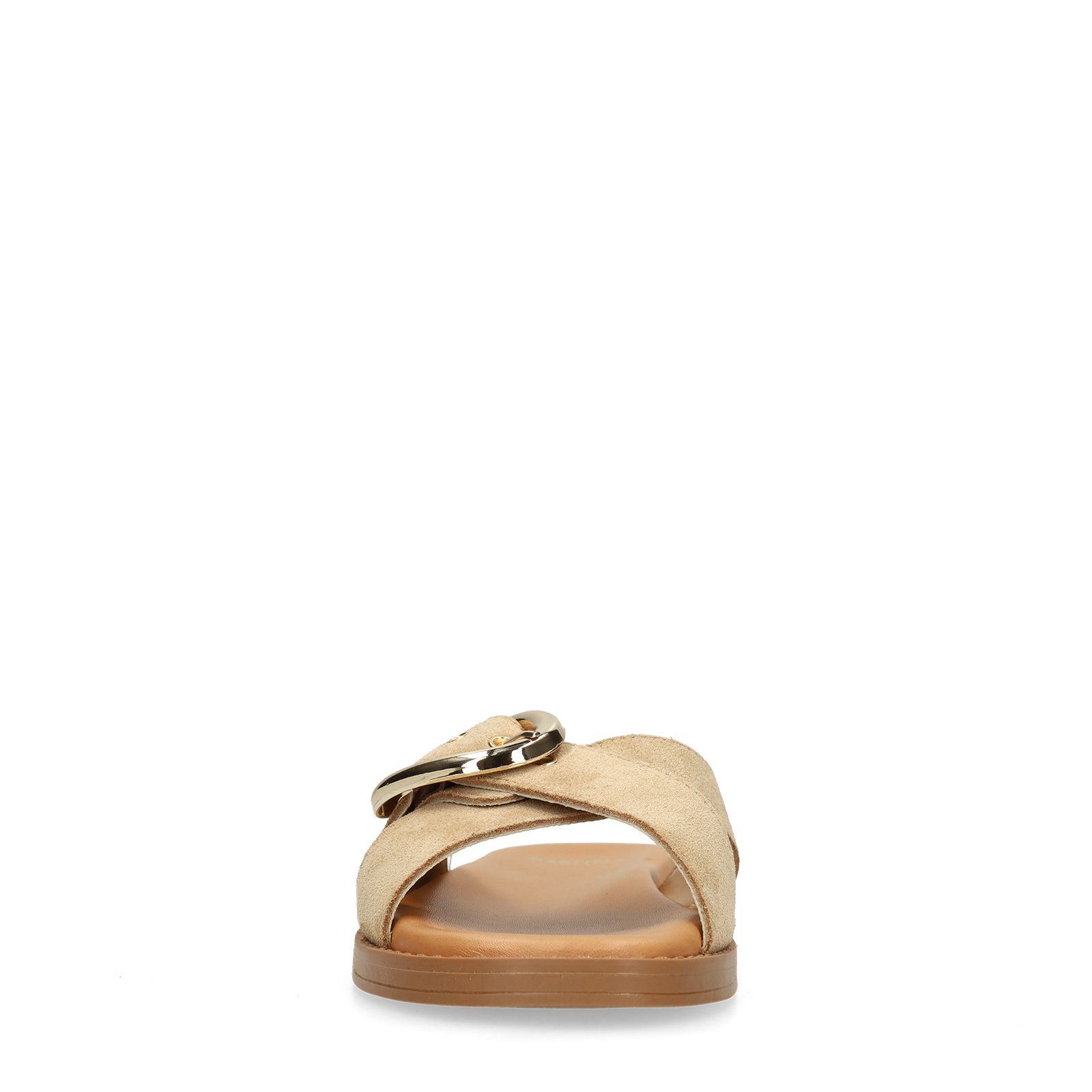 Beigefarbene Veloursleder-Sandalen mit Schnalle