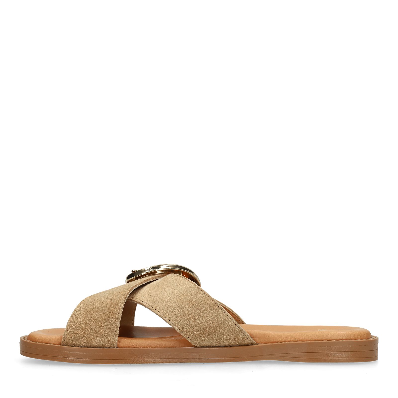 Beigefarbene Veloursleder-Sandalen mit Schnalle