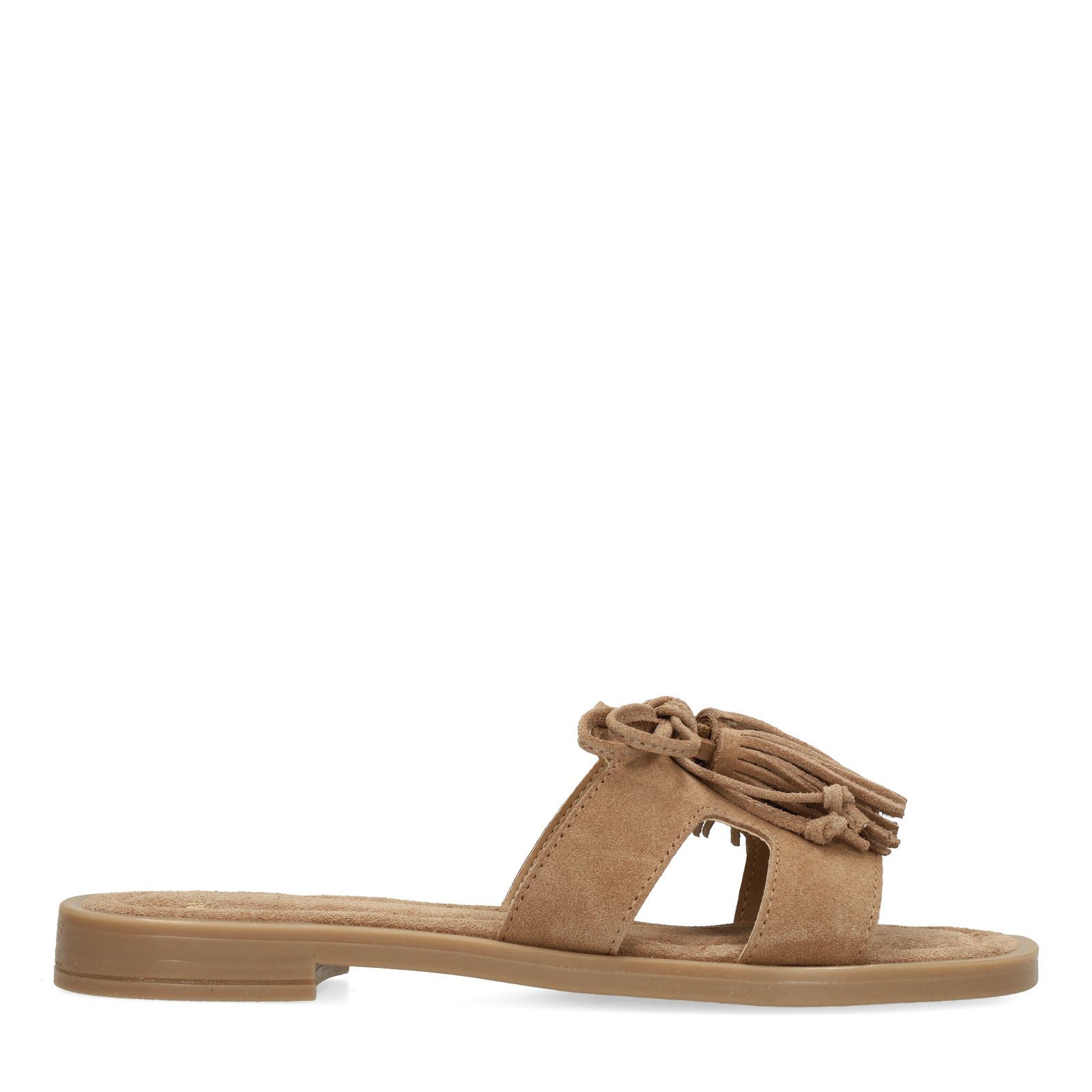 Beige suède slippers met franjes