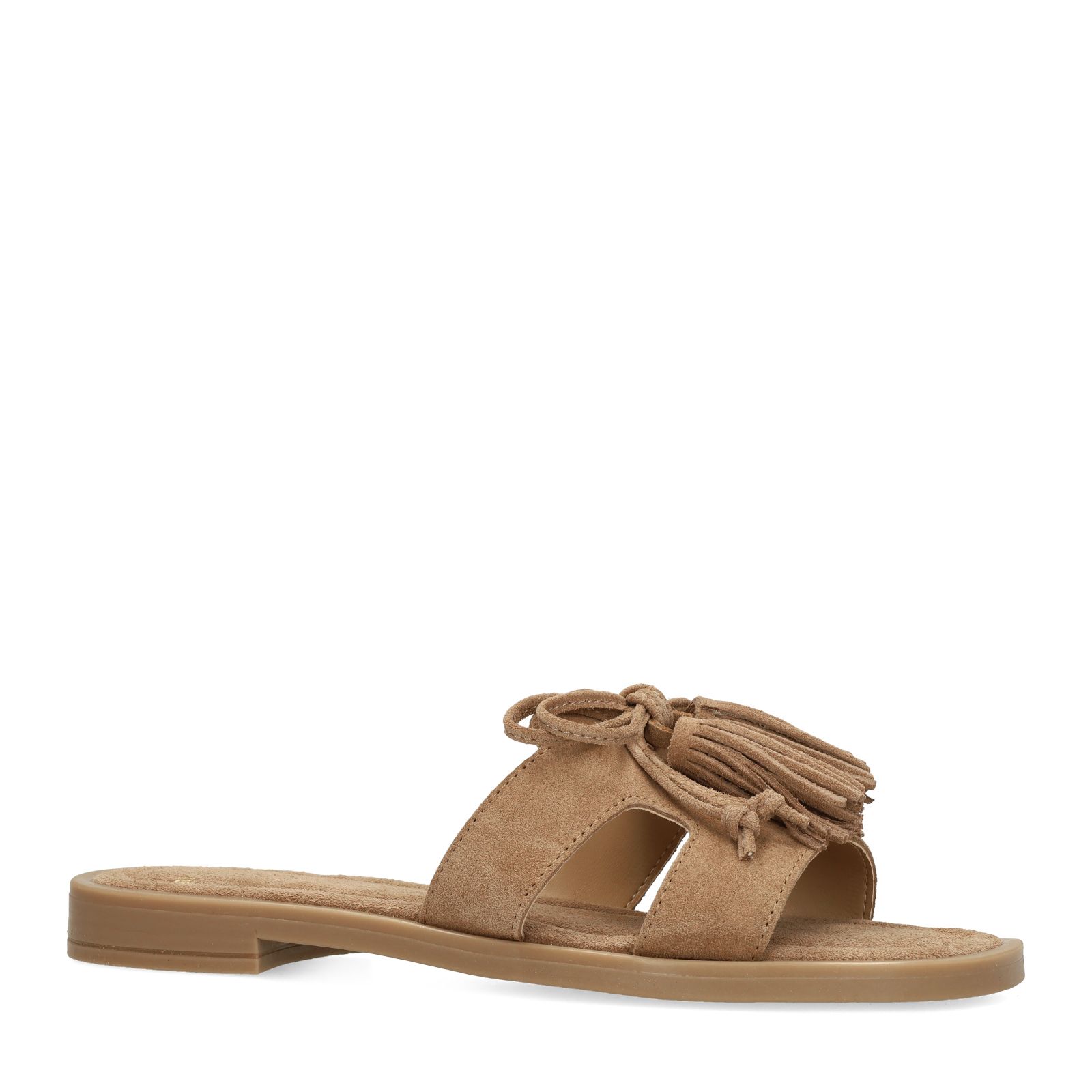 Beige suède slippers met franjes