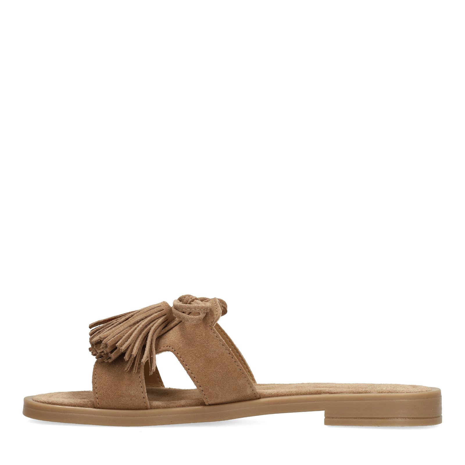 Beigefarbene Veloursleder-Sandalen mit Fransen