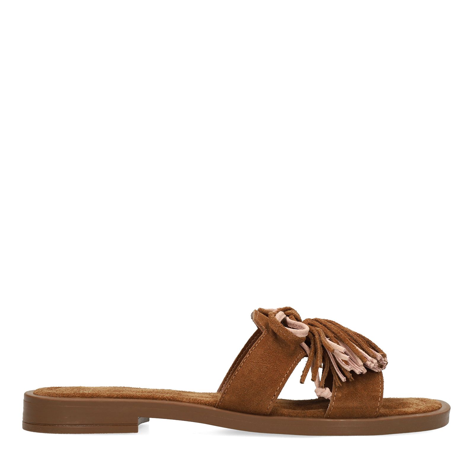 Cognacfarbene Veloursleder-Sandalen mit Fransen