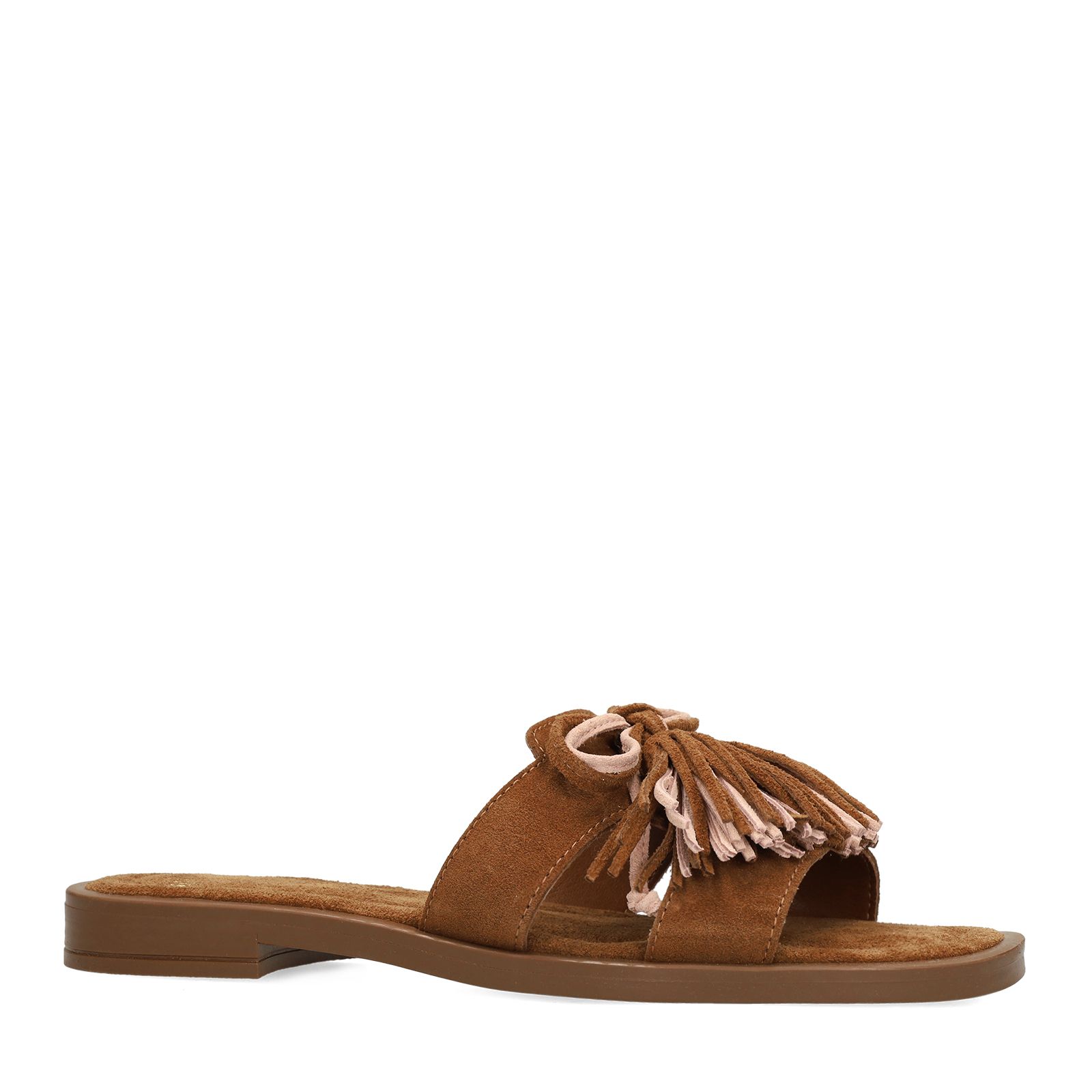 Cognacfarbene Veloursleder-Sandalen mit Fransen