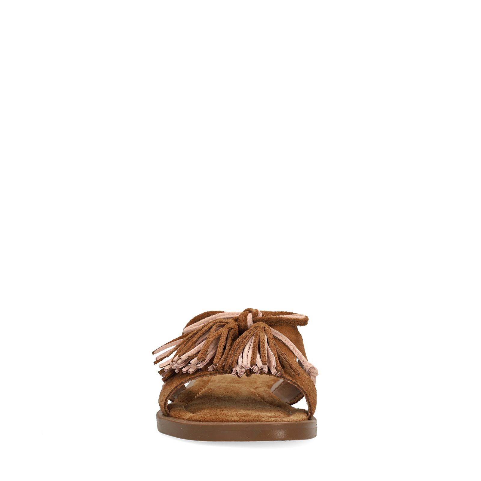 Cognacfarbene Veloursleder-Sandalen mit Fransen