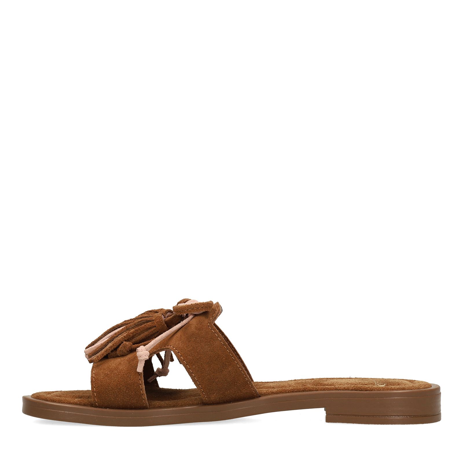 Cognacfarbene Veloursleder-Sandalen mit Fransen