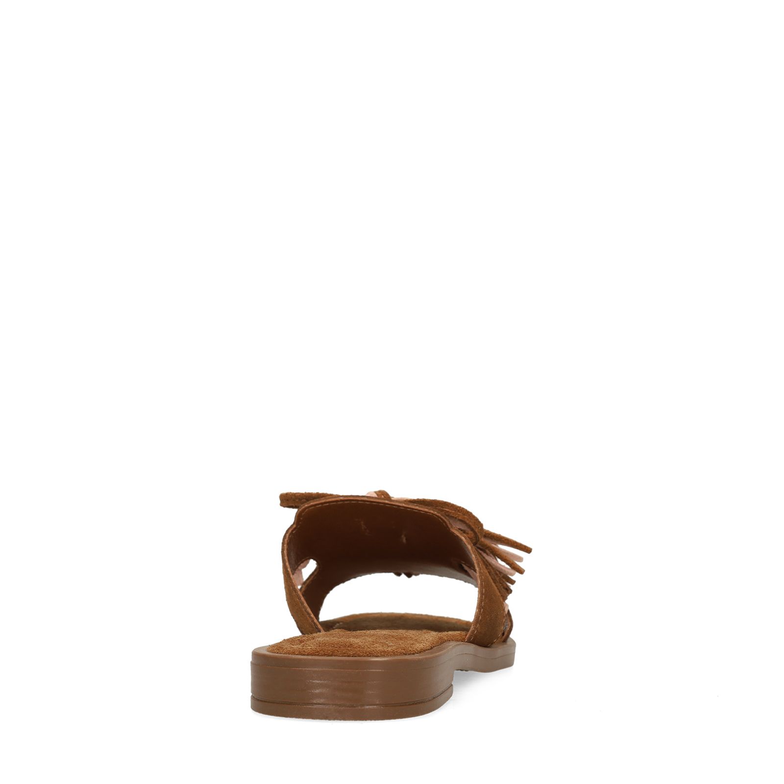 Cognacfarbene Veloursleder-Sandalen mit Fransen