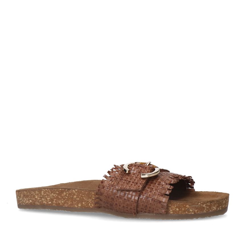 Cognac leren slippers met gesp