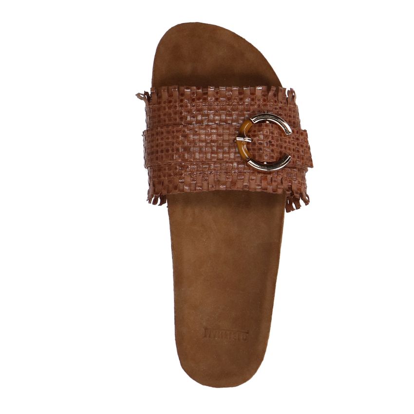 Cognac leren slippers met gesp