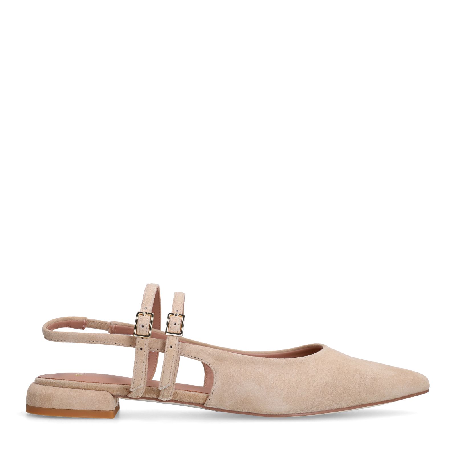 Beigefarbene Veloursleder-Slingbacks mit doppeltem Riemchen