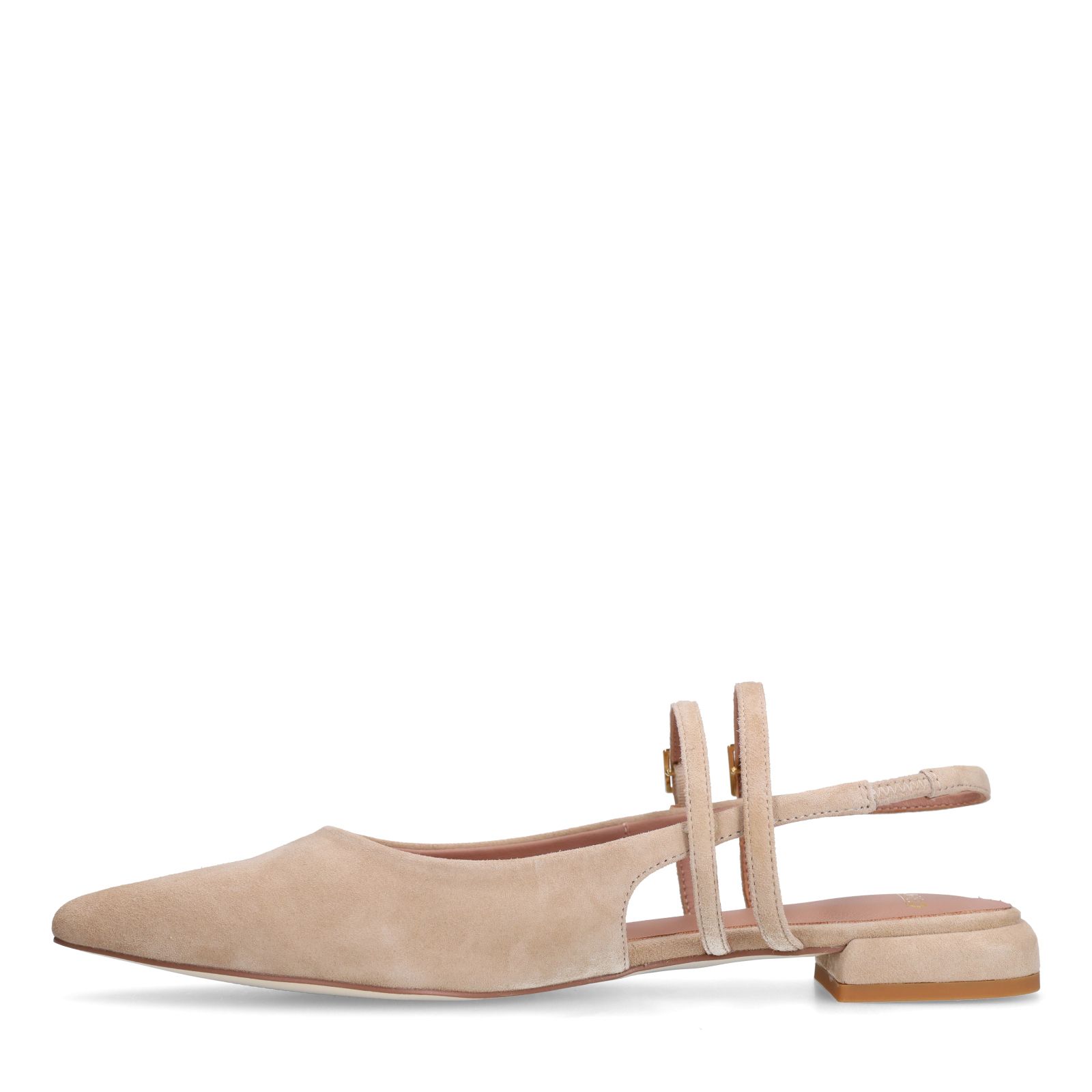 Beigefarbene Veloursleder-Slingbacks mit doppeltem Riemchen