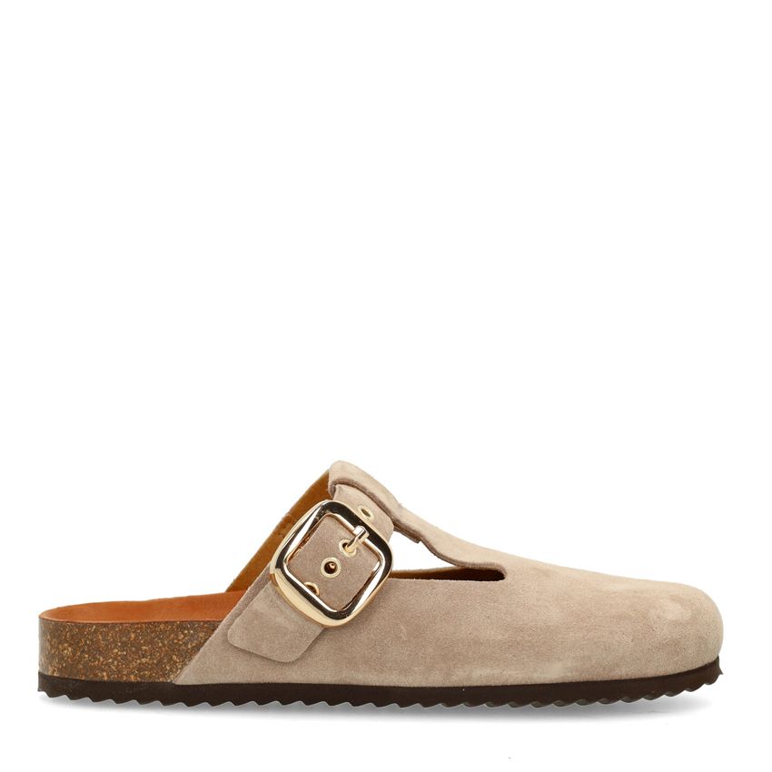 Beige-graue Veloursleder-Clogs