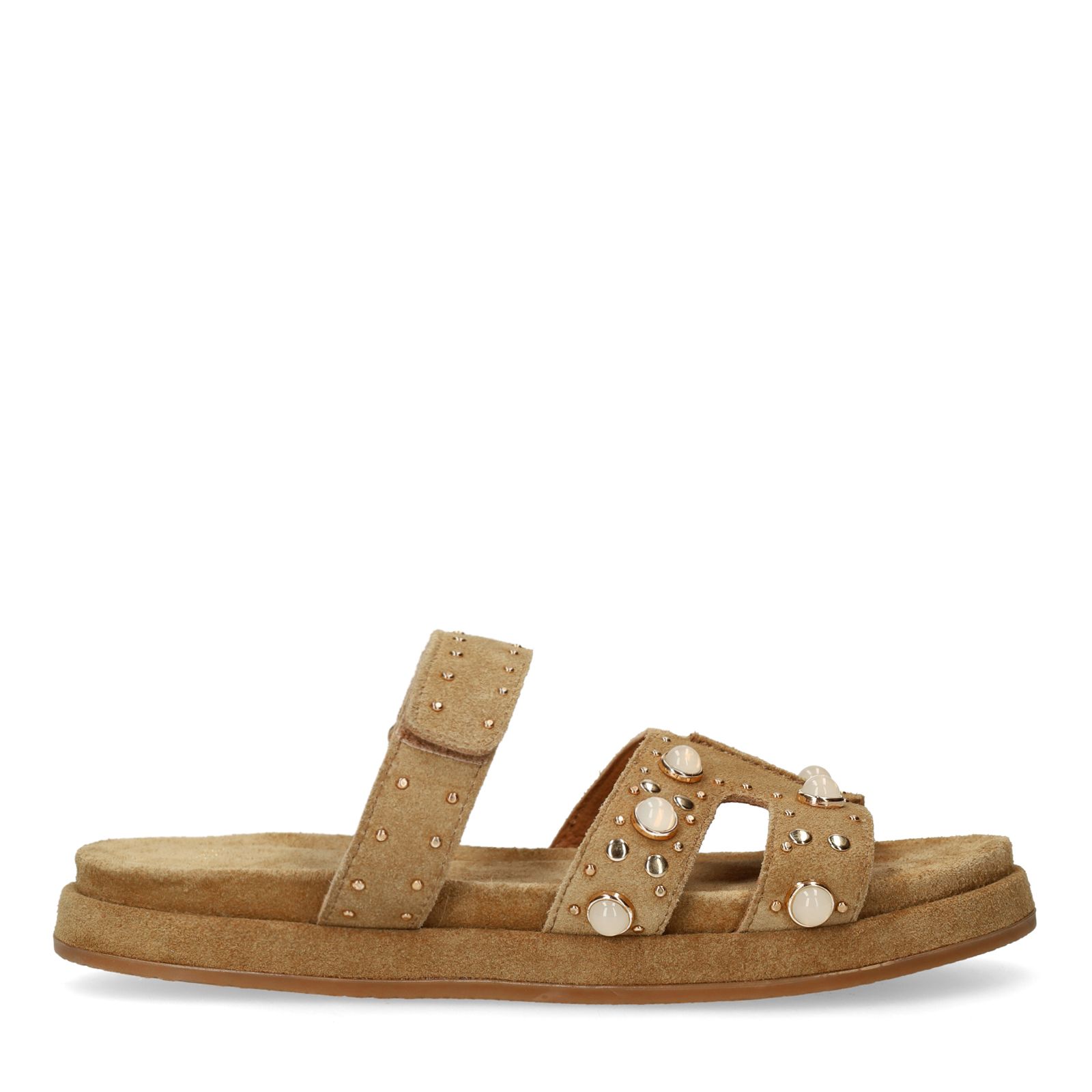 Cognac suède slippers met bandje