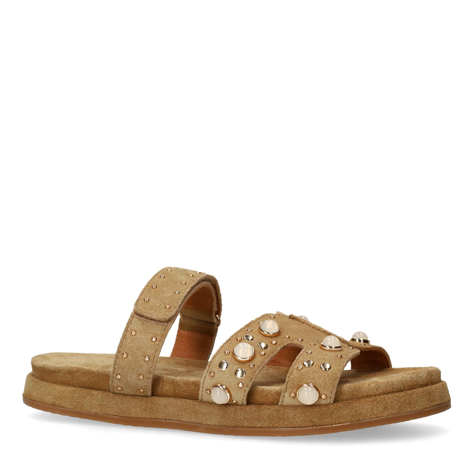 Cognac suède slippers met bandje