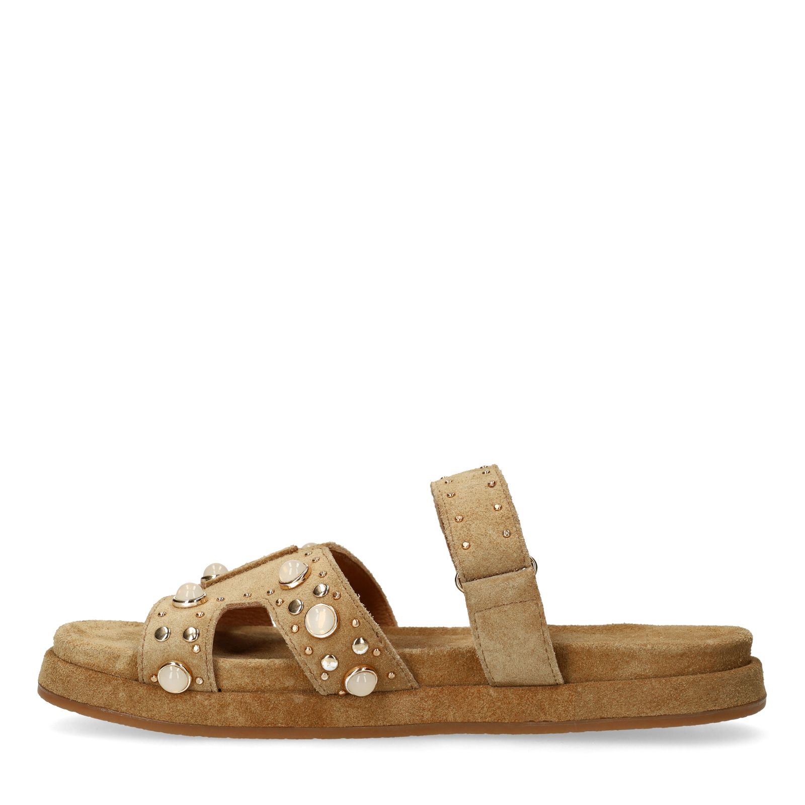 Cognac suède slippers met bandje