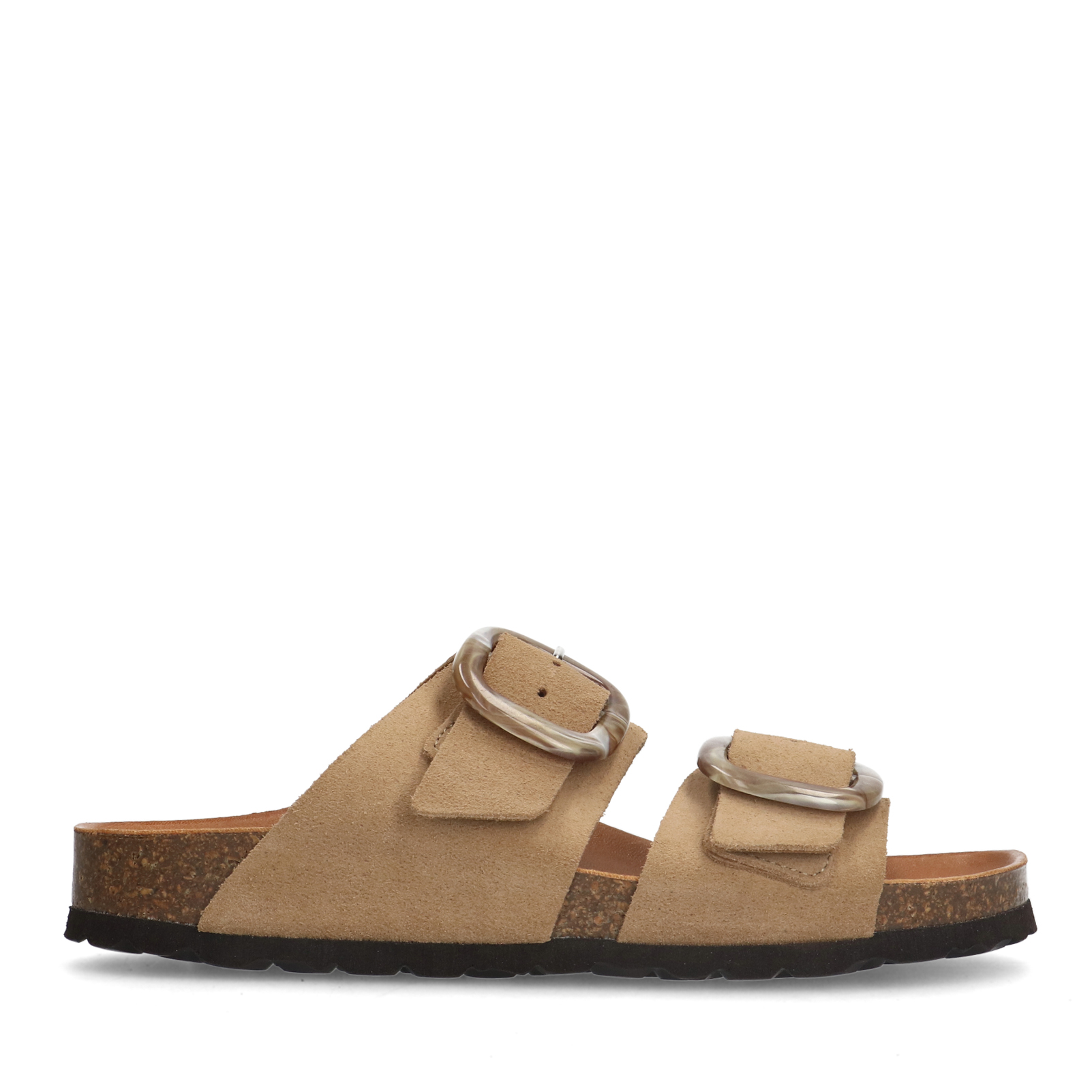 Beigefarbene Veloursleder-Sandalen mit Schnalle | Zehentrenner  