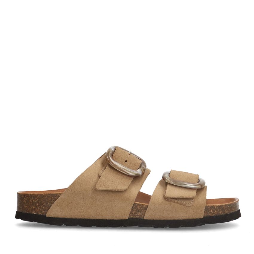 Beigefarbene Veloursleder-Sandalen mit Schnalle