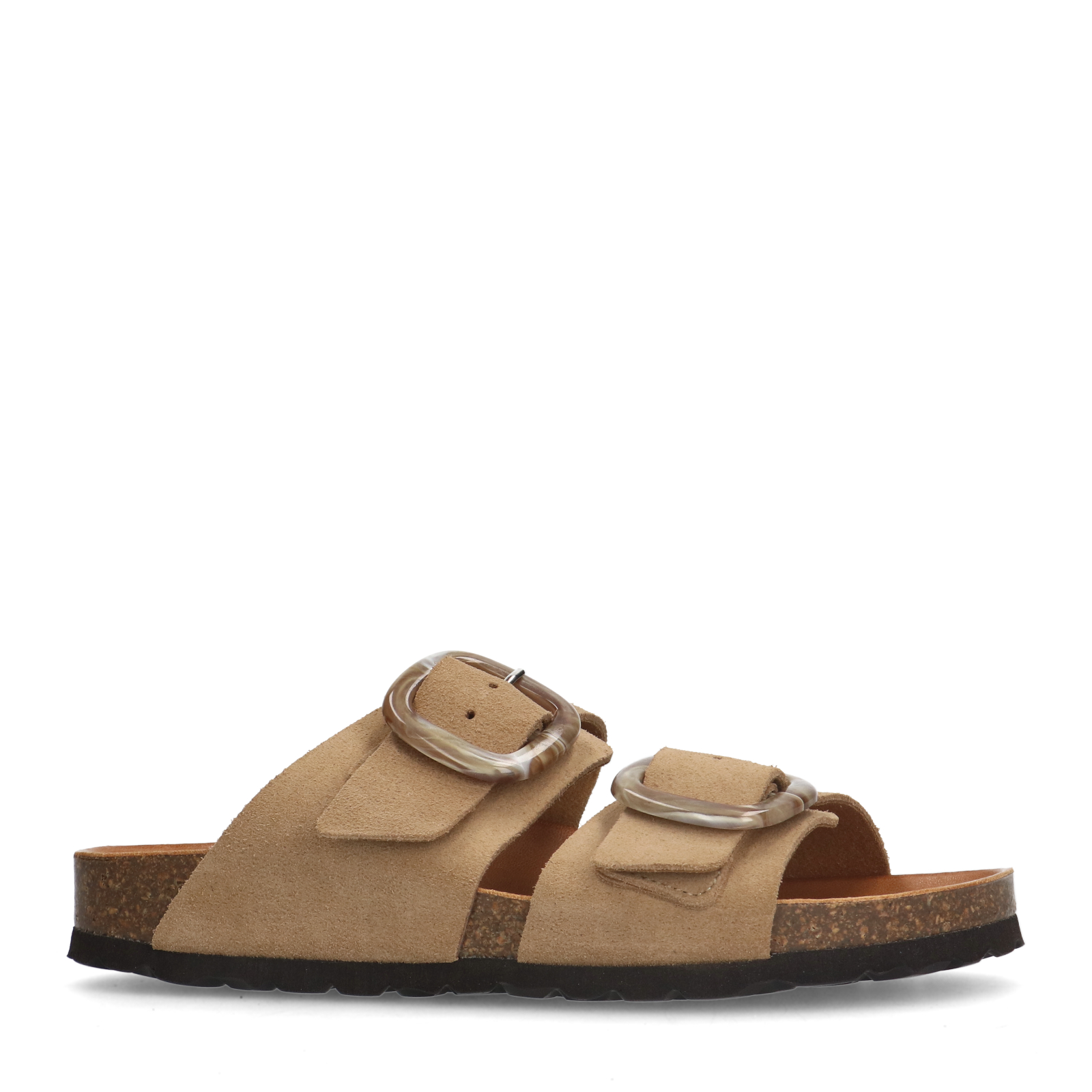 Beigefarbene Veloursleder-Sandalen mit Schnalle | Zehentrenner 