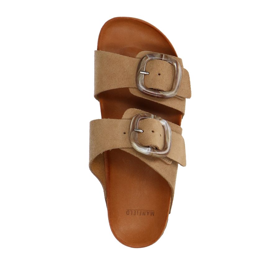 Beigefarbene Veloursleder-Sandalen mit Schnalle