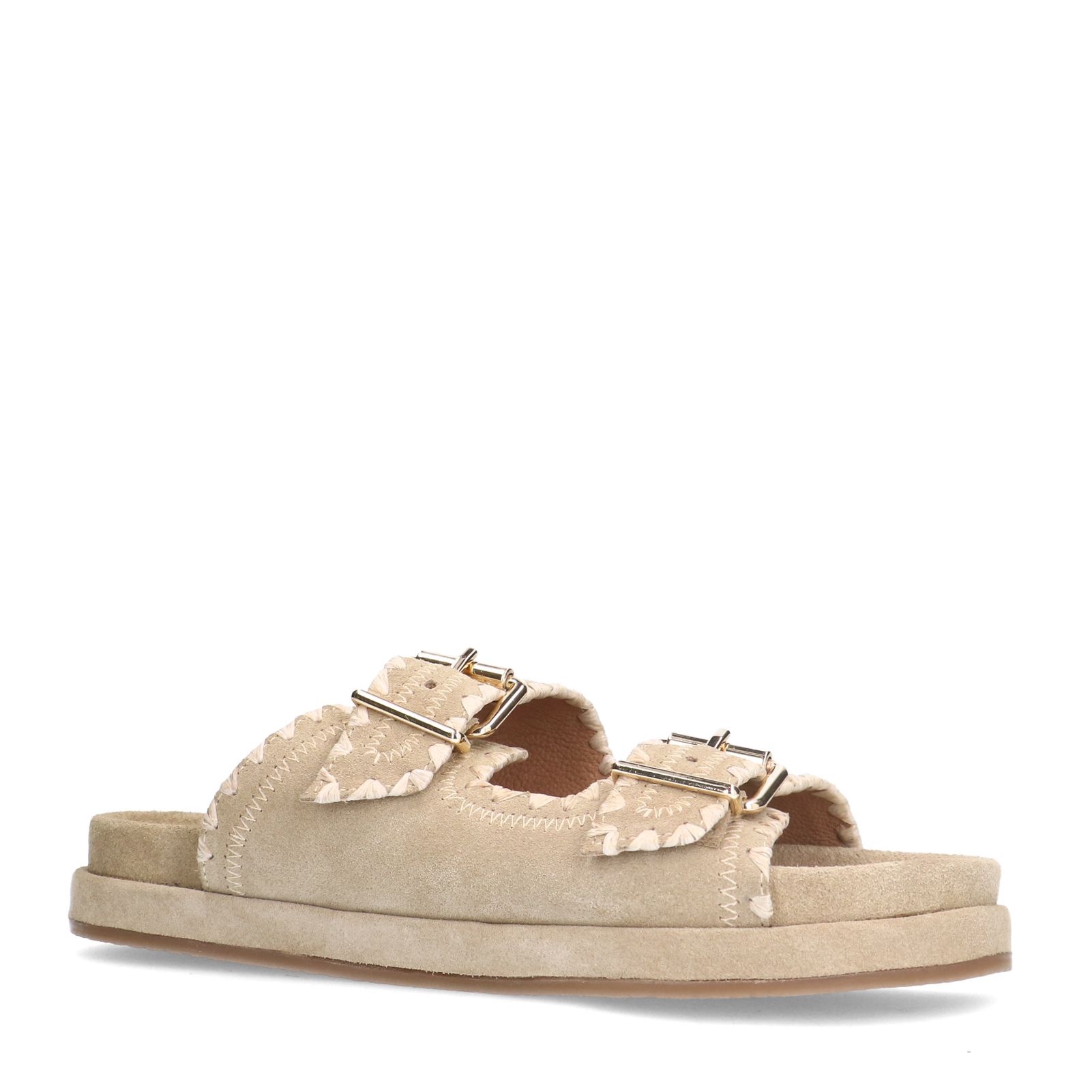 Beige suède slippers met witte details