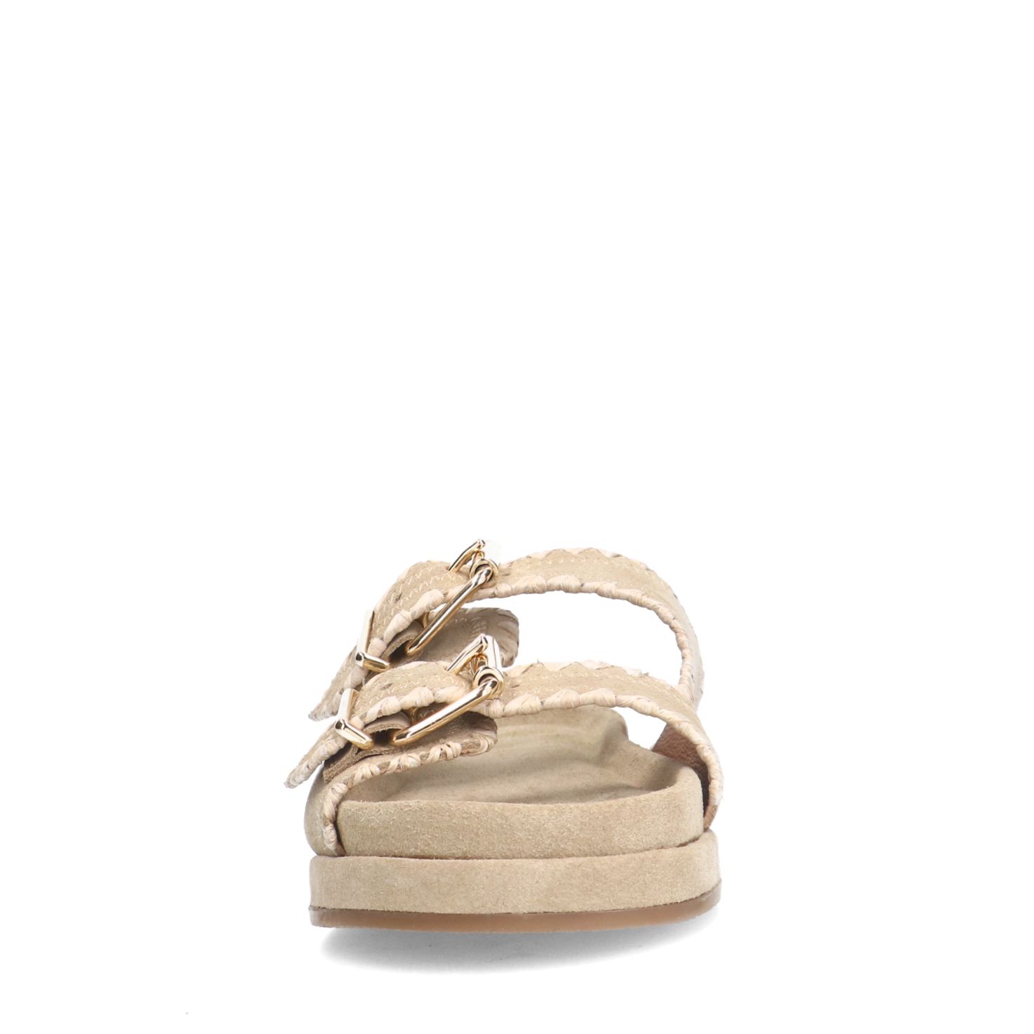 Beige suède slippers met witte details