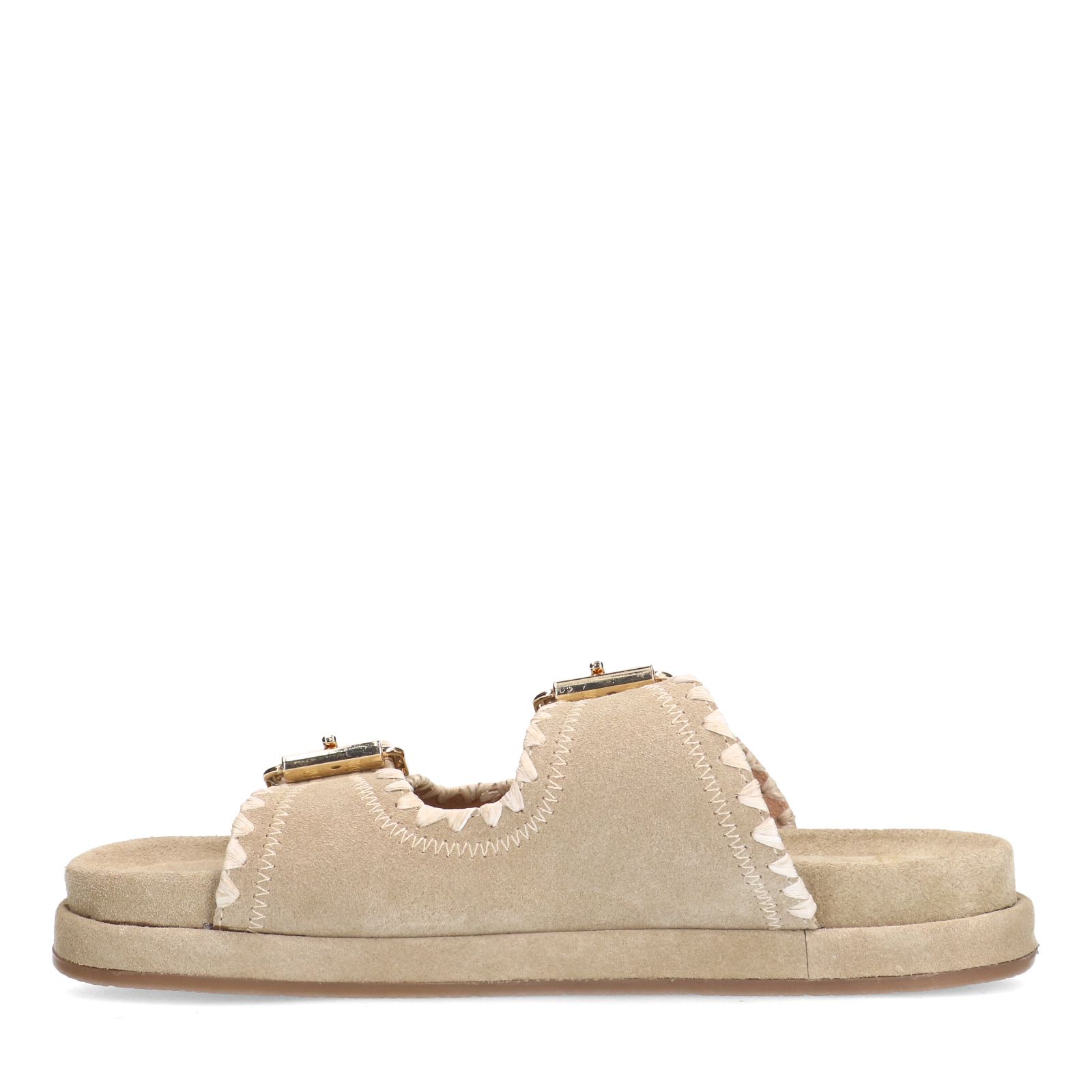 Beige suède slippers met witte details