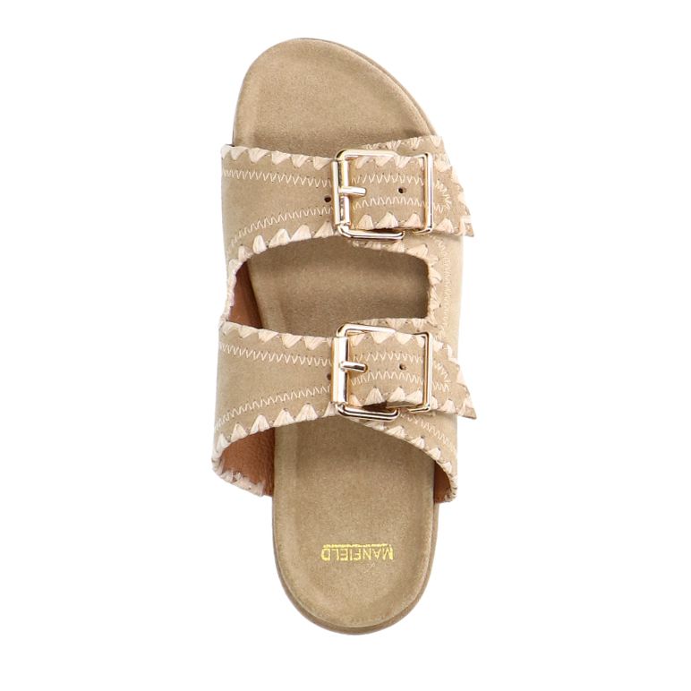 Beige suède slippers met witte details