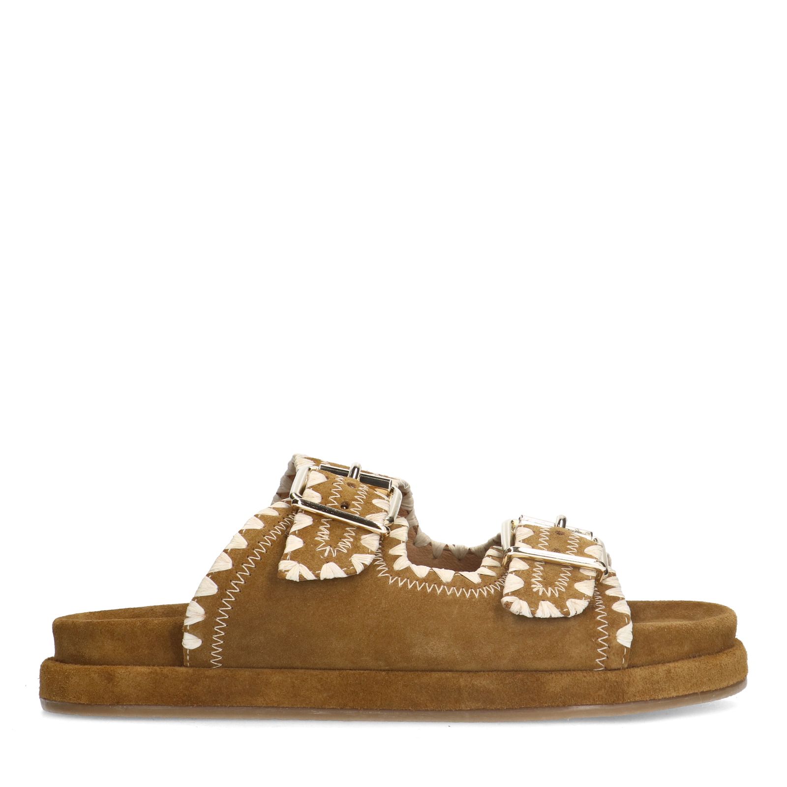 Cognacfarbene Veloursleder-Sandalen mit Schnalle