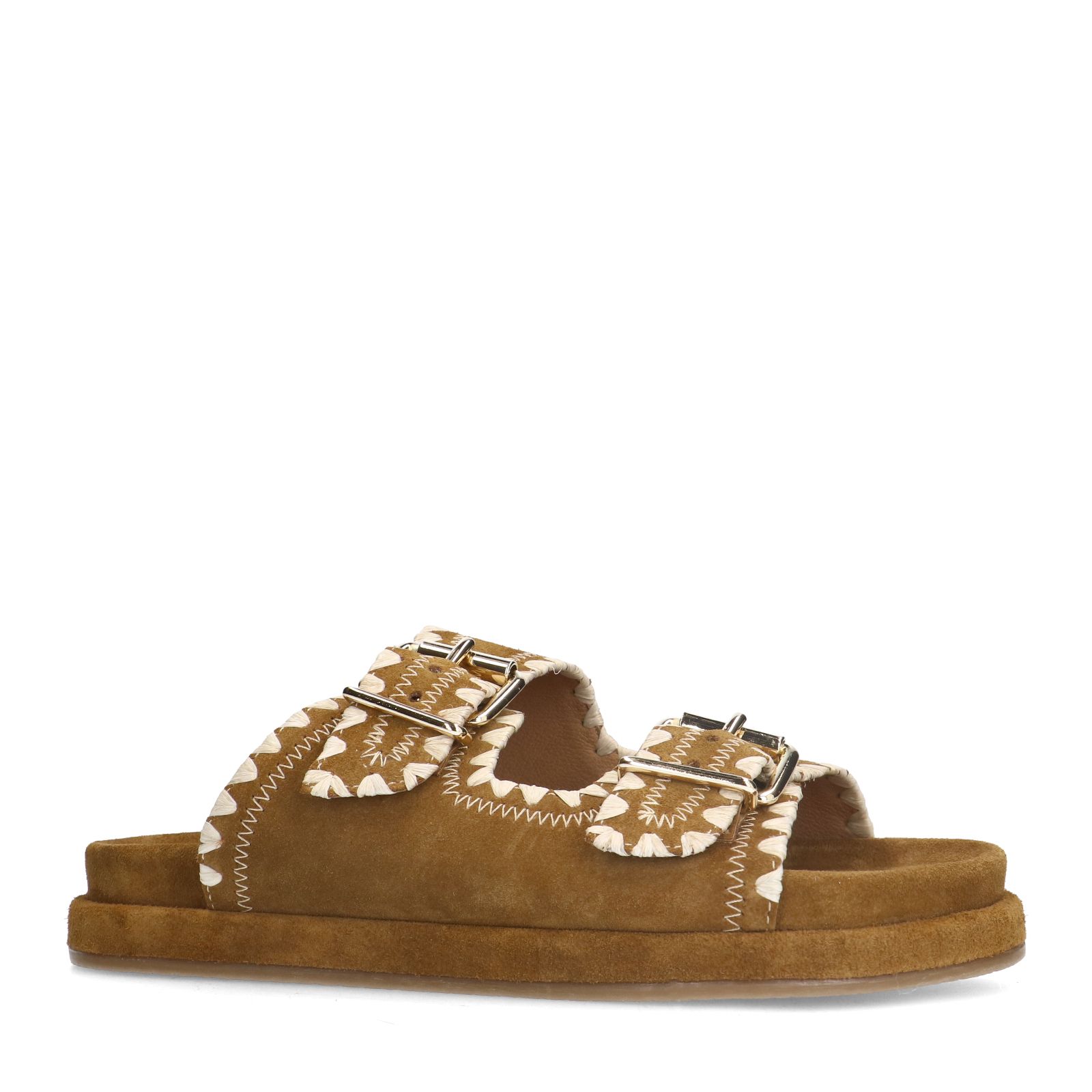 Cognacfarbene Veloursleder-Sandalen mit Schnalle