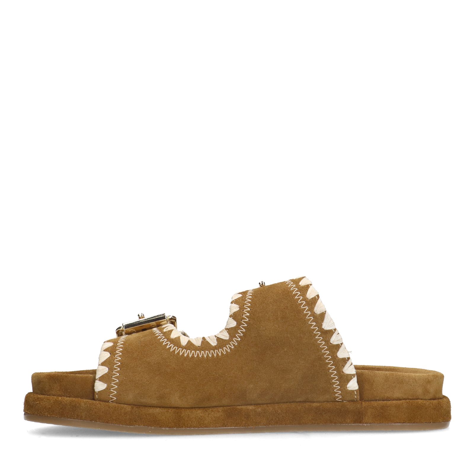 Cognacfarbene Veloursleder-Sandalen mit Schnalle