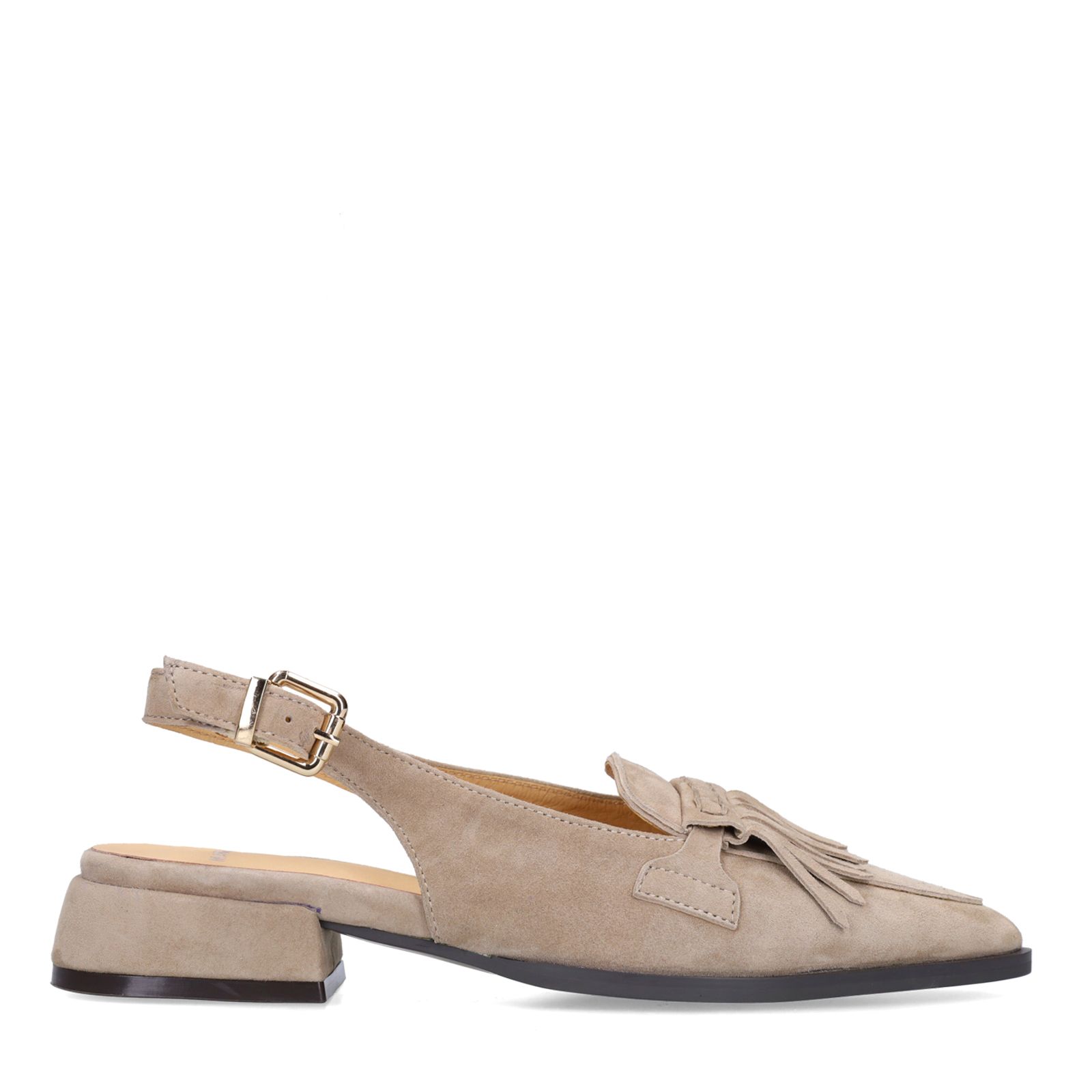Taupefarbene Veloursleder-Slingbackpumps mit Fransen
