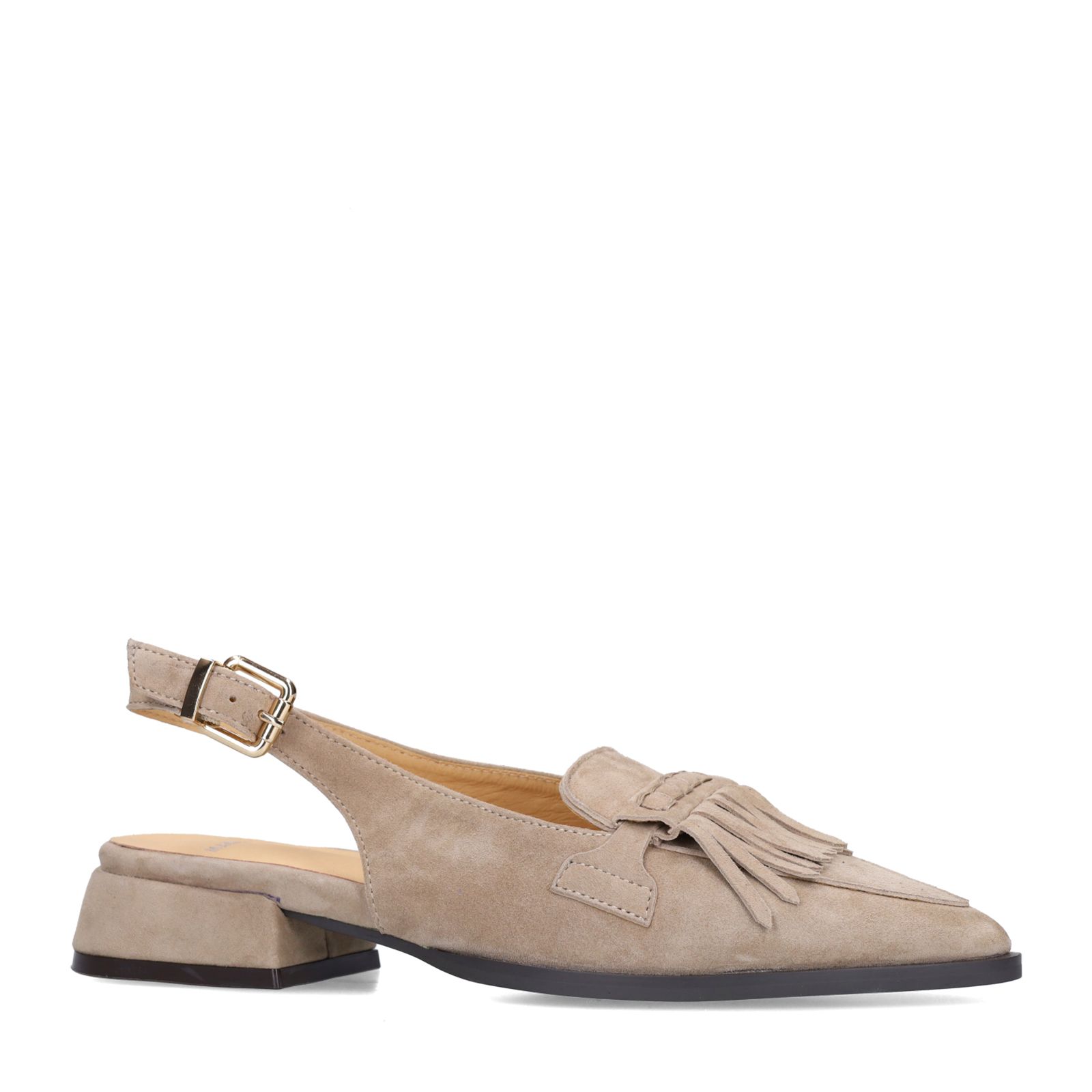 Taupefarbene Veloursleder-Slingbackpumps mit Fransen