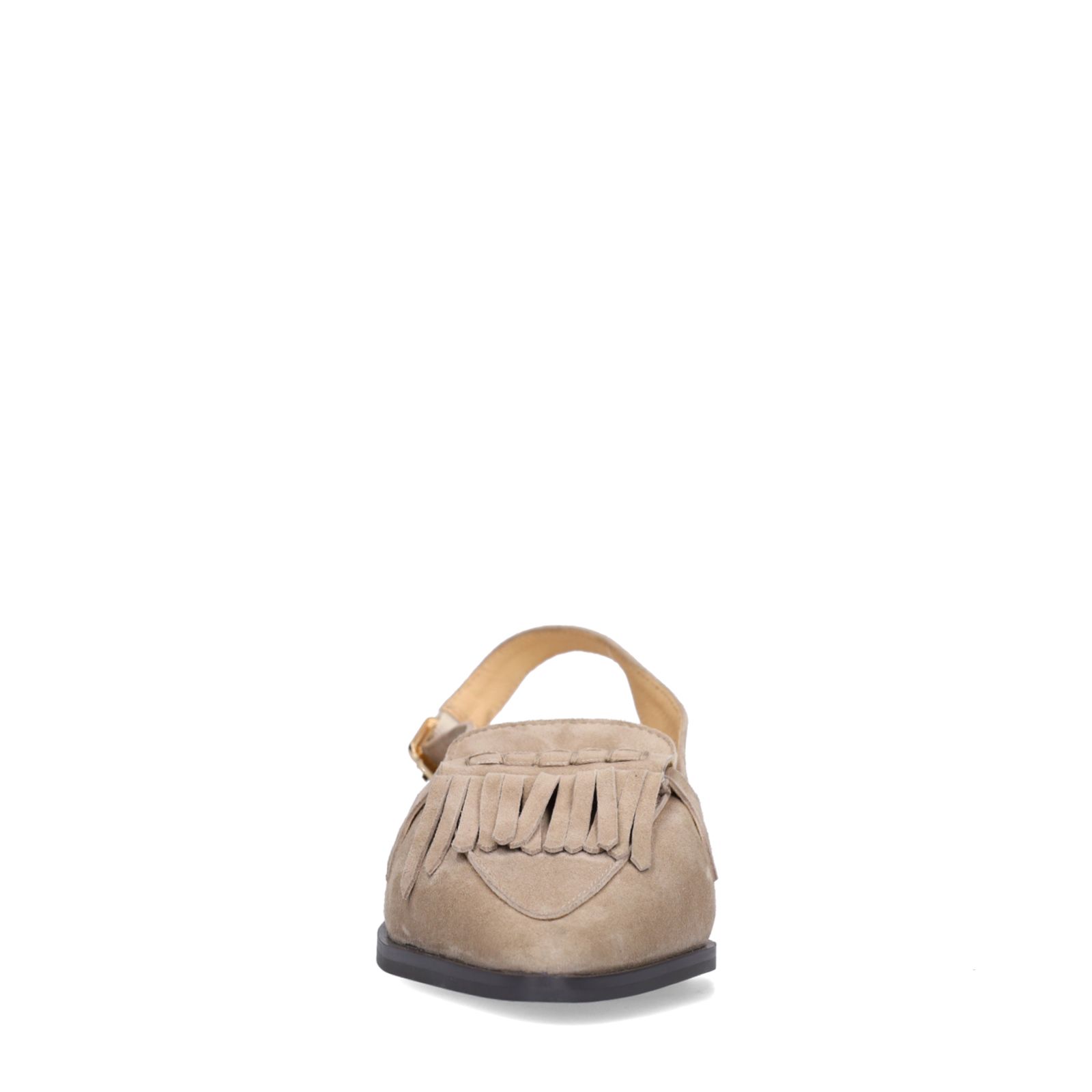 Taupefarbene Veloursleder-Slingbackpumps mit Fransen