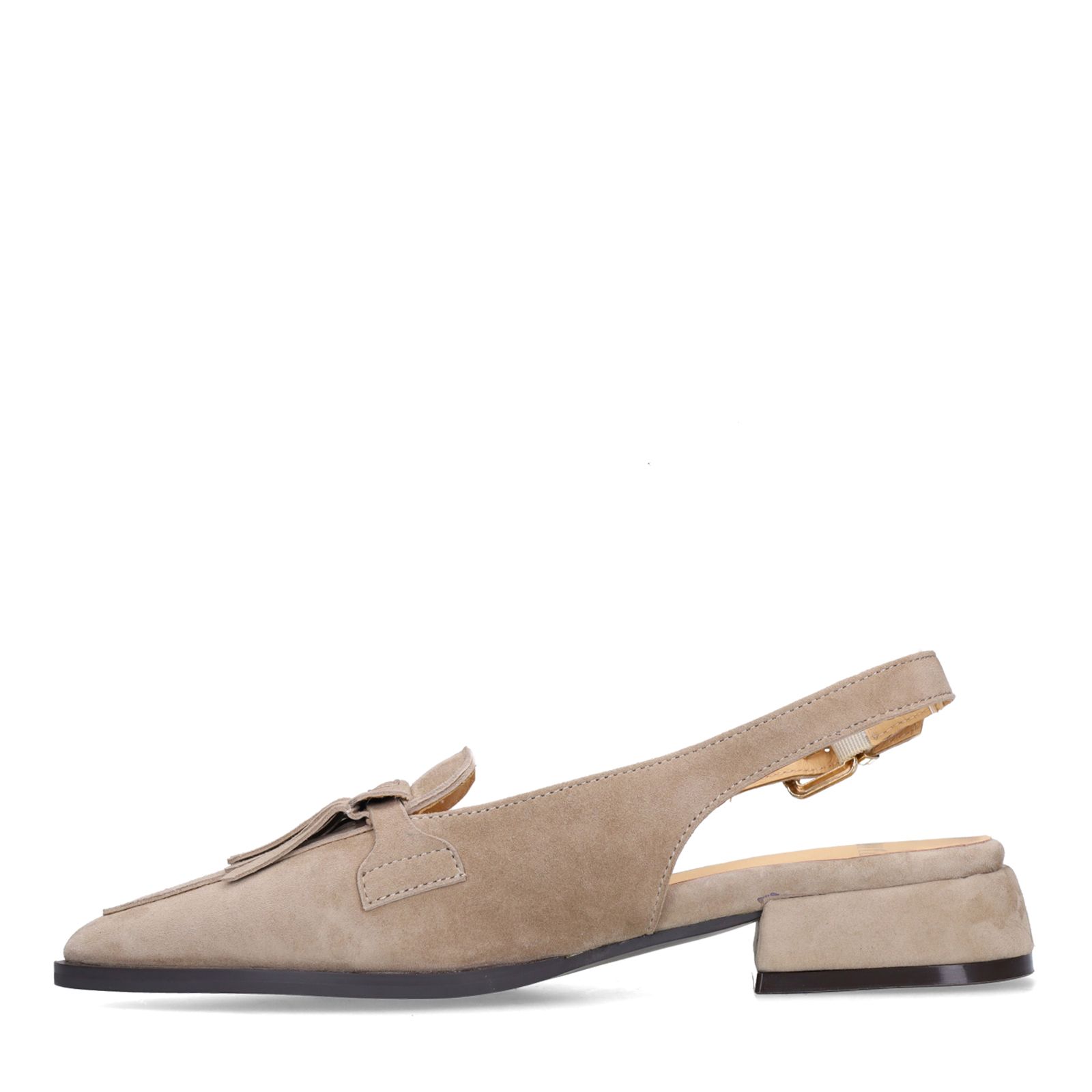 Taupefarbene Veloursleder-Slingbackpumps mit Fransen