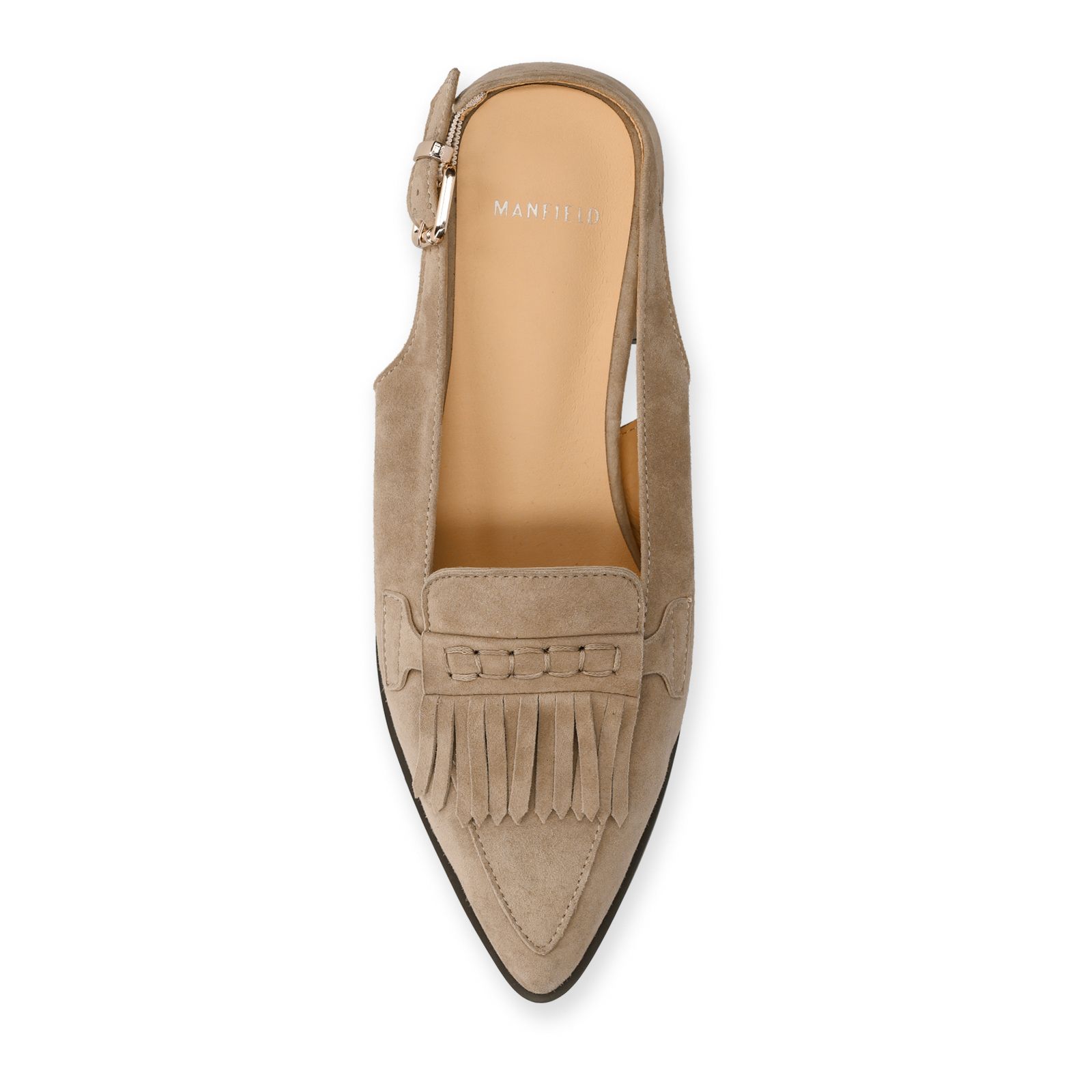 Taupefarbene Veloursleder-Slingbackpumps mit Fransen