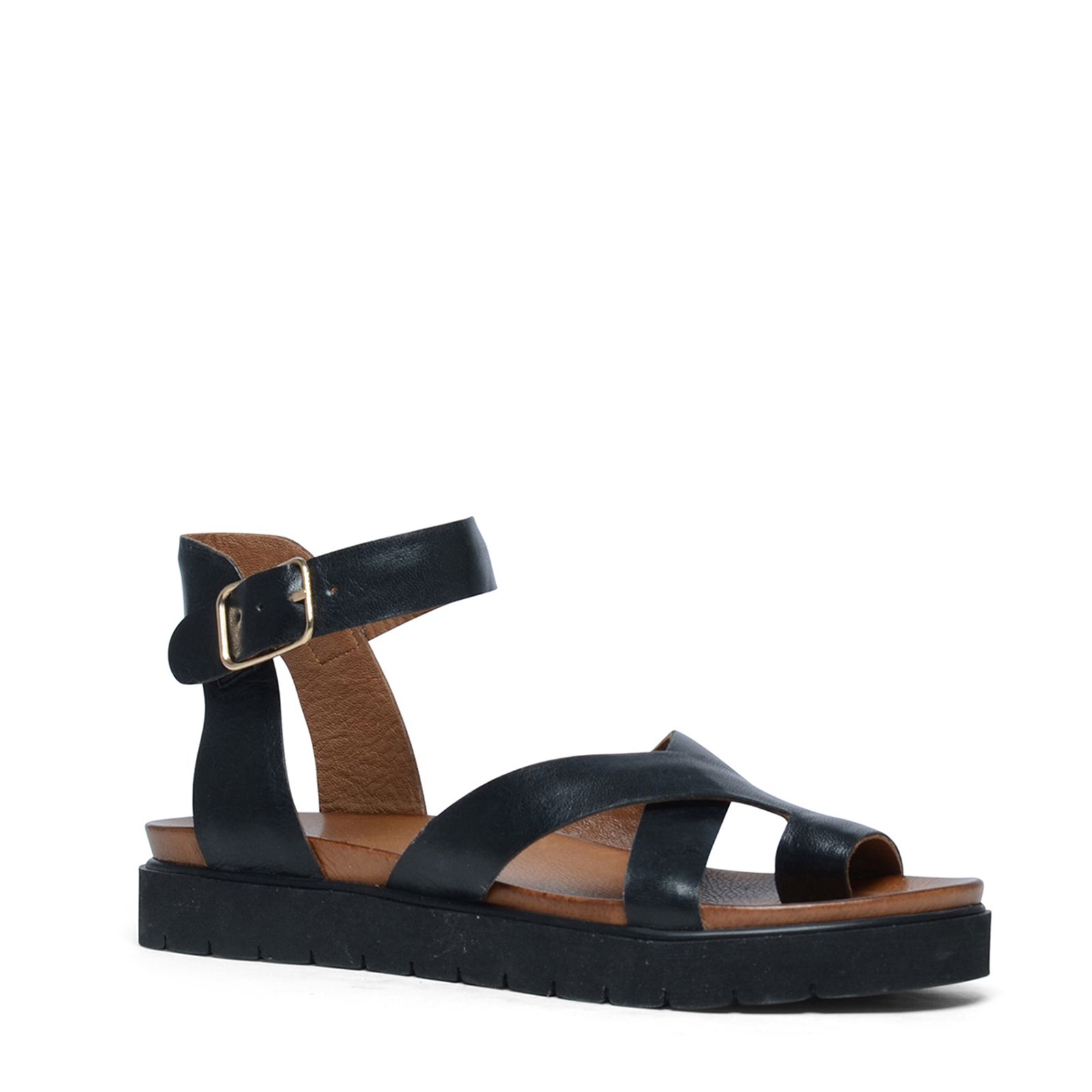 Zwarte leren plateau sandalen met gespsluiting